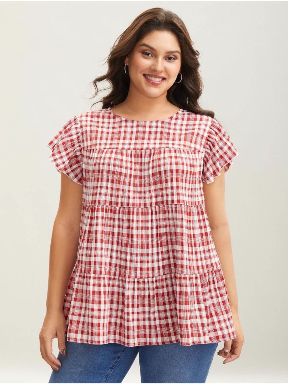 Red & White Gingham Tiered Ruffle Sleeve Blouse By BloomChic Size 22W-24W